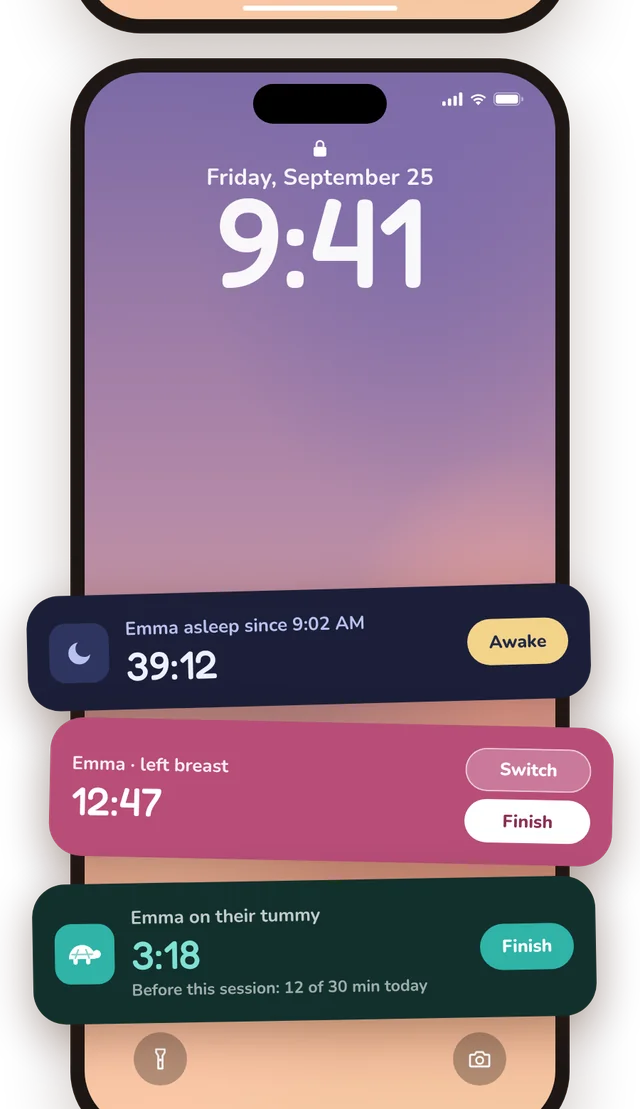 Lock Screen with sleep, breastfeeding and tummy time timers